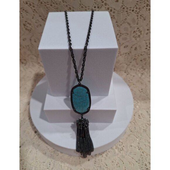 EUC Kendra Scott Rayne Long Pendant Necklace With Turquoise Stone & Tassel - Picture 2 of 9